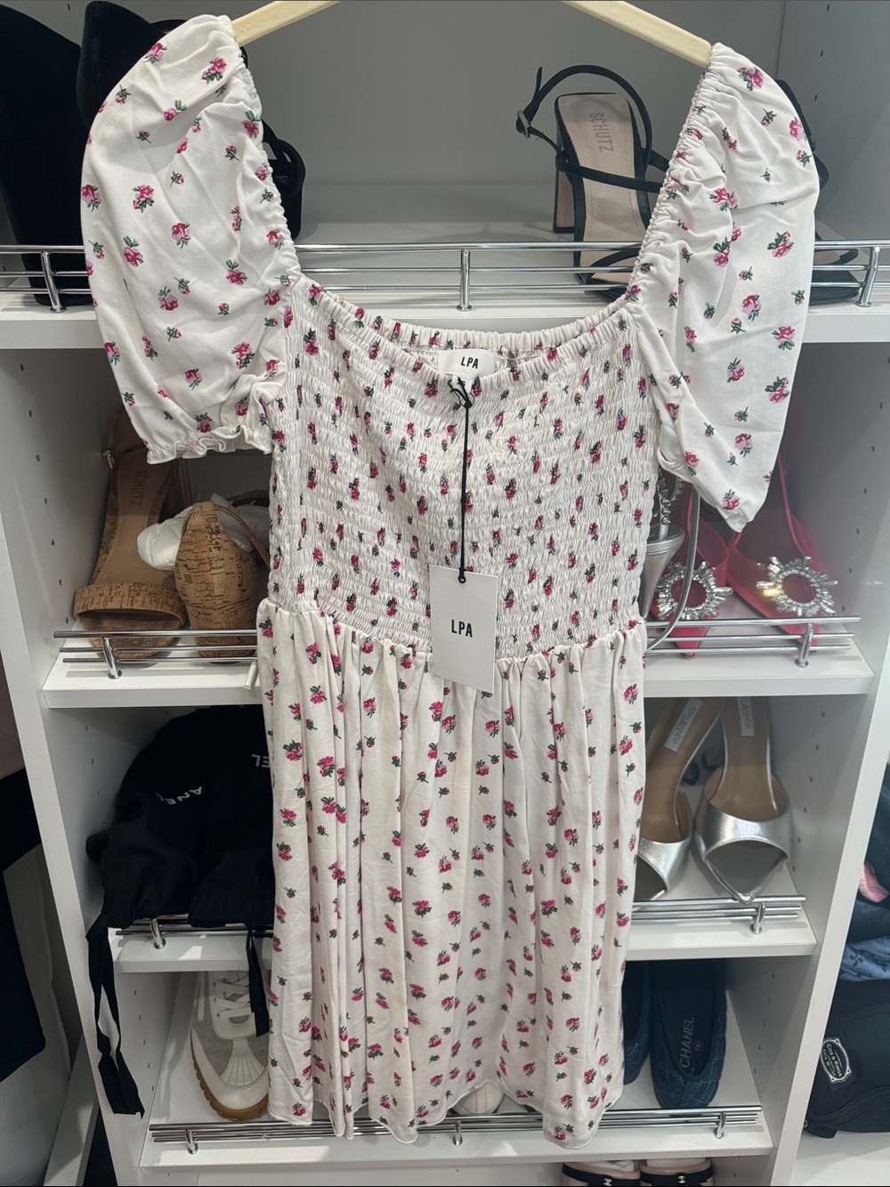 LPA White Midi Dress with Pink Floral Print and Puff Sleeves